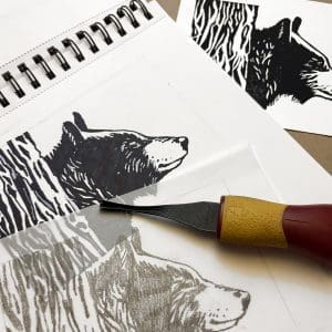 Linoprint sketch: Bear Behind Tree